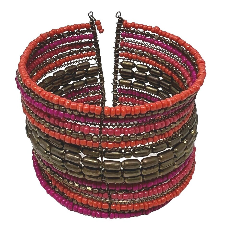Beaded Bracelet Pink Orange‎ Gold Tone Seed Oval Boho Clamper